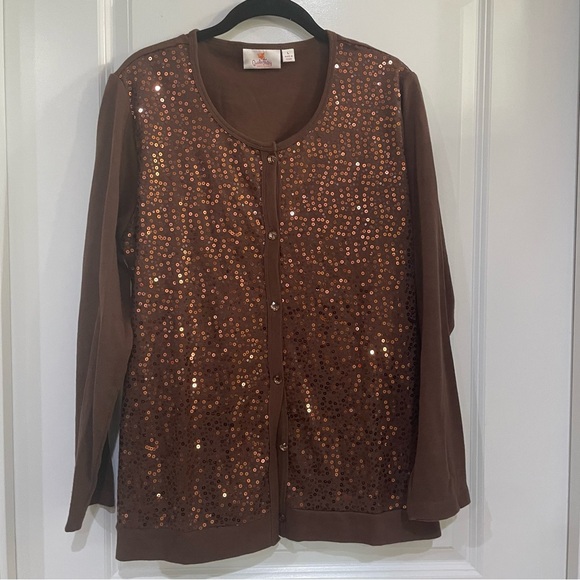 VINTAGE Quacker Factory ladies brown cardigan sweater with‎ sequins size Large - Picture 1 of 4